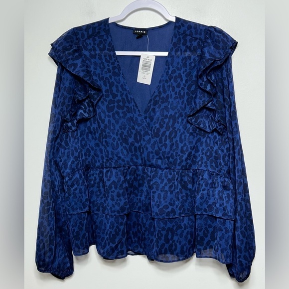 New! Torrid Blue Leopard Chiffon Ruffle Surplice Crop Blouse Size 1X - Picture 5 of 11
